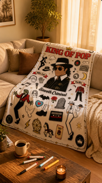 King of Pop blanket on cream sectional sofa with markers and coffee