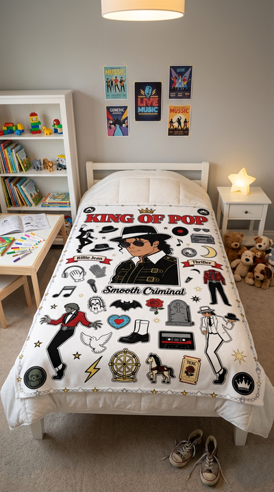 King of Pop blanket on kids twin bed in bedroom