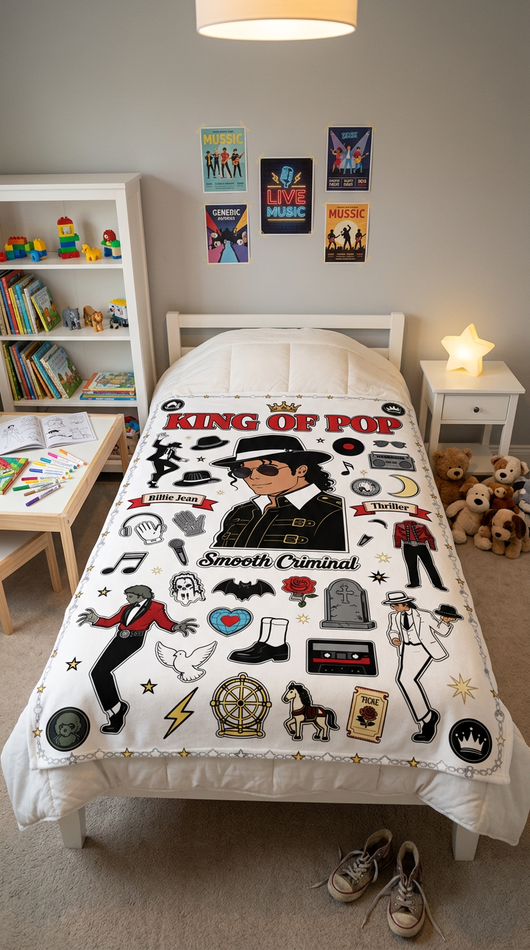 King of Pop blanket on kids twin bed in bedroom