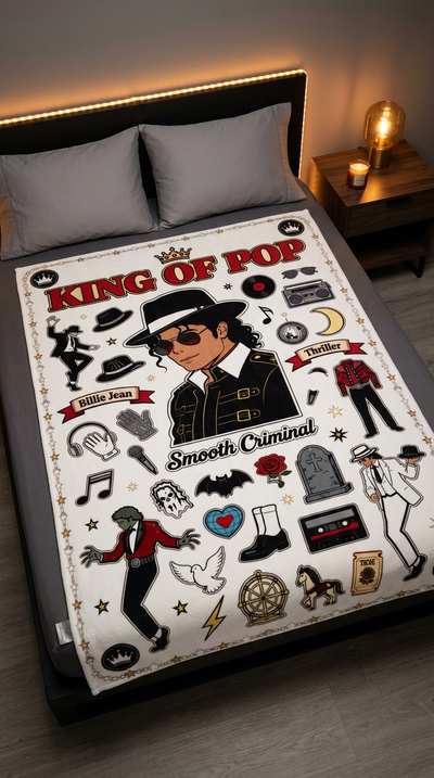 King of Pop full color blanket on dark grey bed with LED lights