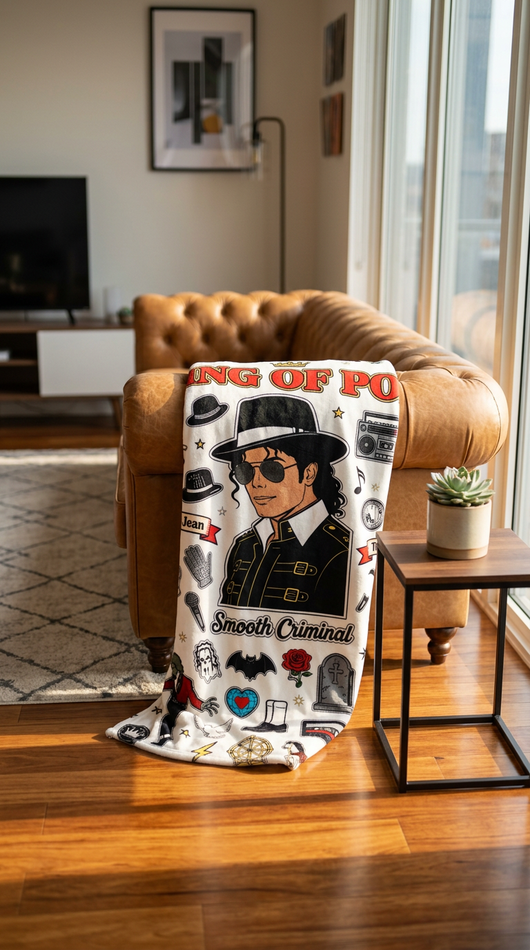 King of Pop Coloring Blanket full color draped over tan leather sofa