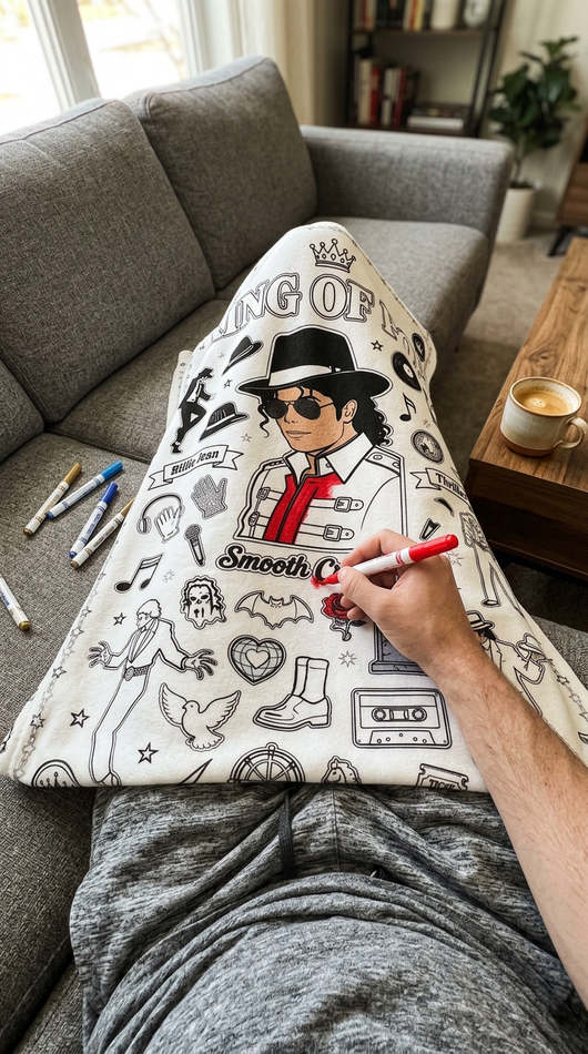 POV coloring King of Pop B&W blanket with red marker