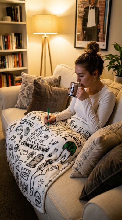 Woman coloring King of Pop B&W blanket on sofa with hot chocolate