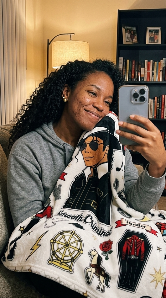 Customer Tanya selfie with King of Pop blanket pressed to cheek