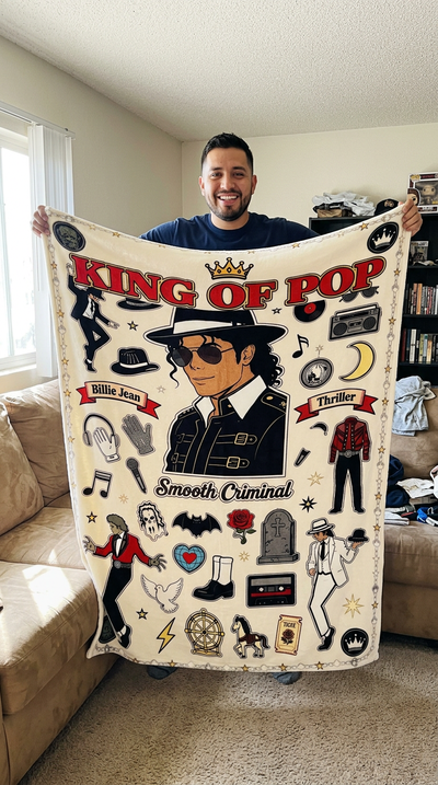Customer Carlos holding up King of Pop full color blanket