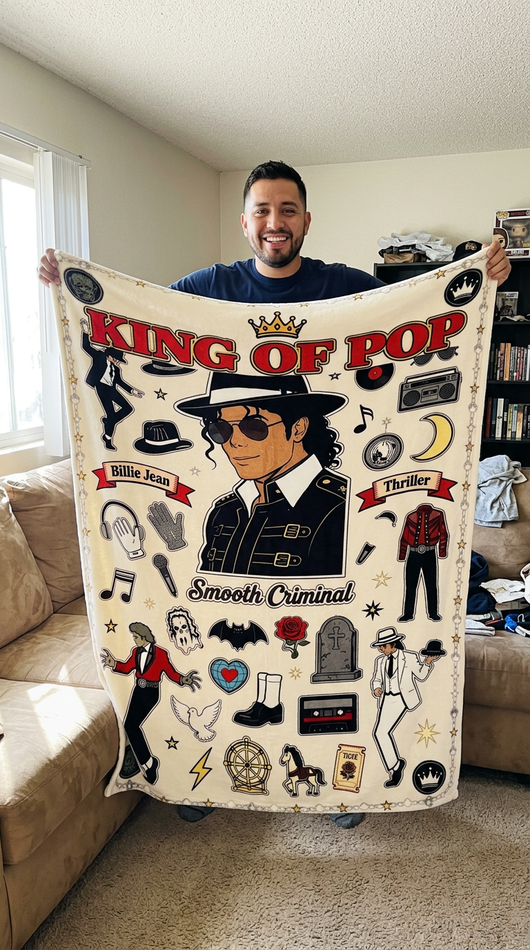 Customer Carlos holding up King of Pop full color blanket