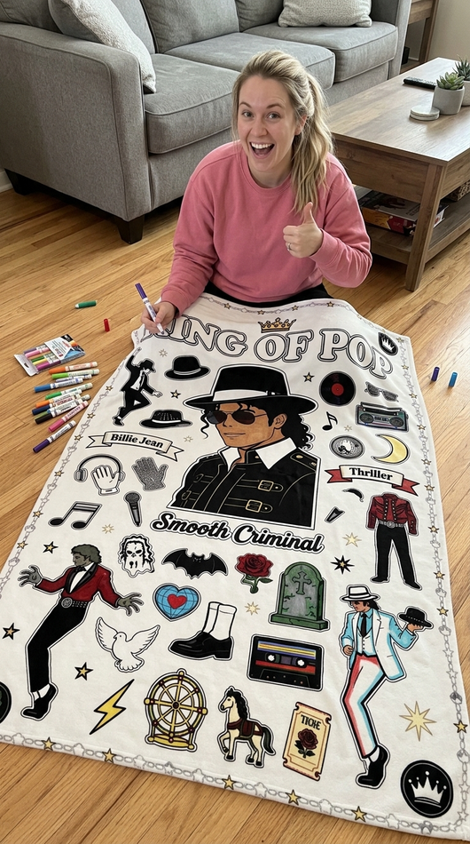 Customer Brittany coloring King of Pop B&W blanket on floor thumbs up